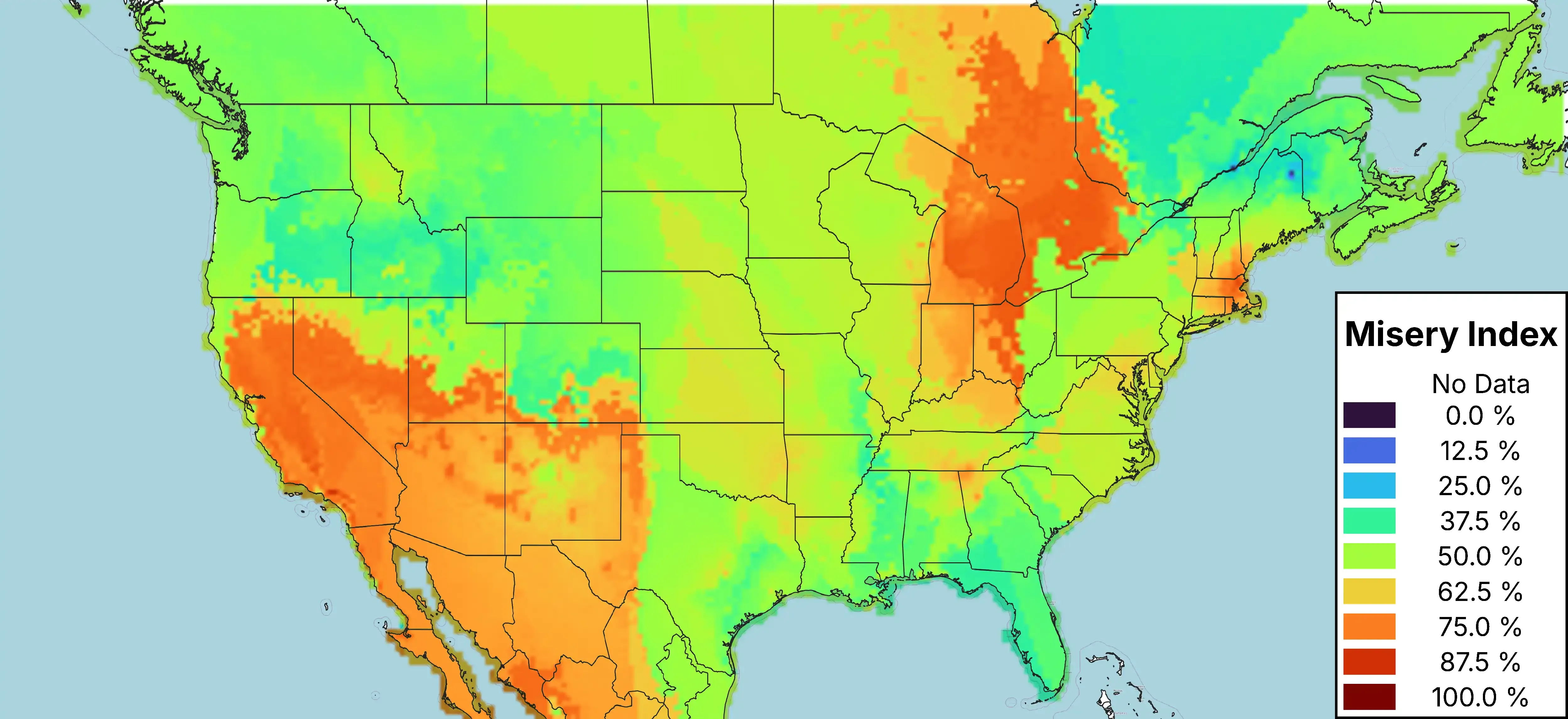 Misery Index map for grass allergen conditions across North America