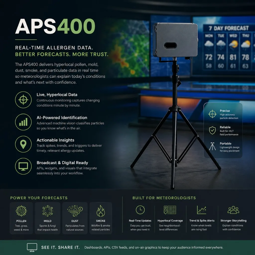 APS400 infographic for meteorologists: real-time hyperlocal pollen, mold, dust, and smoke monitoring; AI-powered particle identification; live updates, hyperlocal coverage, trend and spike alerts; outputs for dashboards, APIs, CSV feeds, and on-air graphics for allergy forecasting.